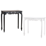 Scalloped centerpiece and sinuous curves add amazing eye appeal to this elegantly proportioned hall table. Distressed black or white finish gives the appearance of a time-honored heirloom.