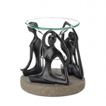 Fill your room with sweet aroma as three artistic figurines stretch in classic yoga poses, holding a clear glass oil basin and a candle cup below. Tealight candle and oil not included. 