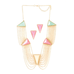 This jewelry set is a modern classic! Vibrant pink, green and yellow triangular stones are set in an intricate necklace design and come with a matching set of pink earrings. Statement jewelry never looked so good!