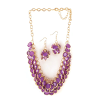 This jewelry set with orchid-hue gems, dramatically bunched and layered, create a striking accent to finish your favorite outfit. Faceted orchid-hue gems, dramatically bunched and layered, create a striking accent to finish your favorite outfit. The golden chain necklace features three rows of round purple stones, and the matching dangle earrings are the perfect accompaniment.