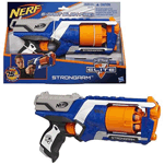 Speed and mobility are yours with the quick draws and fast firing of the NERF N-Strike Elite Strongarm Blaster! It has the same long-range power as other N-STRIKE Elite blasters (sold separately), and it rapid-fires 6 darts when you pump the Slam Fire slide repeatedly while holding the trigger. Loading is easy and quick with the flip-open rotating barrel, and its Tactical Rail is compatible with most N-STRIKE accessories (sold separately). Add the Strongarm blaster to your arsenal and unleash a storm of darts at your target!