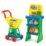 Grocery shopping has never been more fun! This adorable set features a bright and cheery rolling grocery cart and a do-it-yourself checkout stand. Youll also get play food, play coins and pretend credit card. 