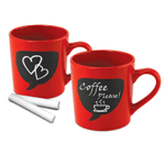 Turn your early morning thoughts into a statement with this charming duo. Two 14-ounce coffee mugs in red feature chalkboard thought bubbles, and the set even includes two chalk sticks. The mugs are ceramic and top-rack dishwasher safe. 