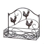 Add some functional storage space and charming country style to your kitchen, dining room or beyond with this wall rack. It features three rooster cutouts, a generous basket for storage or display, and built-in holes for easy mounting. 