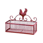 This metal mesh basket turns empty wall space into functional storage or delightful display space! The rectangular basket is topped with a decorative country rooster cutout and finished with a vintage patina.