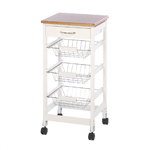 This is the perfect kitchen trolley, featuring three slide-out storage baskets that are perfect for cookbooks, utensils, or fresh produce! The white framework is set on four sturdy wheels and topped with a wooden surface, and also includes a useful pullout drawer. 