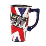 A double walled ceramic mug, it's The Beatles Abbey Road Union Jack Travel Mug with Handle! The mug holds up to 14 ounces of liquid. The Beatles Abbey Road Union Jack Travel Mug with Handle fits in most vehicle cup holders and is both microwave and dishwasher safe. The mug features the iconic cover of The Beatles' album Abbey Road with John Lennon, George Harrison, Paul McCartney, and Ringo Starr.