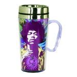 Conveniently sized to fit in most vehicle cup holders, it's the Jimi Hendrix Insulated Travel Mug with Handle! This Beatles mug featuring rock icon and guitar legend Jimi Hendrix's face with a tie-dye background can hold up to 15 ounces of liquid and keeps drinks hot or cold.