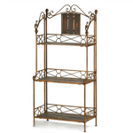 Baker's rack has just the right mix of rustic romance and roomy shelving! An attractive showcase for decorative treasures, or an ample storage spot for everyday items; blends perfectly into your decor.