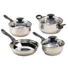 Good meals start with quality cookware, and this 7-piece set contains everything you need to prepare a gourmet feast! A full array of pots and pans, complete with lids, makes cooking easy and fun. Set includes three assorted-size saucepans; one deep skillet; three fitted lids.