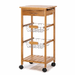 Attractive rolling cart complements any gourmet kitchen! The perfect fusion of fashion and function, with a sleek tower silhouette containing a solid bamboo top, utensil drawer, two baskets and a bamboo shelf.