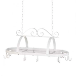 Keep your pots and pans within easy reach with this lovely hanging holder. Scrolling white metal and a slated center for additional storage, this hanging rack will free up in-demand cupboard space.