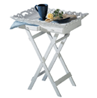 Gracious entertaining is a snap with this stylish tray table! Elegantly aged white finish with a carved rim and two handy drawers; folding legs for easy storage. 