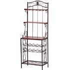 Open "baker's rack" design enhances home's decor! This stylish and functional unit has cradles for ten wine bottles, a rack for ten stemmed glasses and three spacious shelves for storage or display.