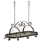 An intricate swirl design makes this wrought iron hanging pot holder with 10 hooks a useful work of art for the kitchen.