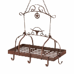 Copper colored iron rack has eight hooks for your pots and pans. Its longhorn, lasso and lone star adornments above the flat rack give this handy piece a true Texan theme for your décor.