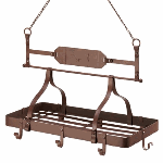 Store your pots and pans in easy reach on this iron pot rack. A cow emblem and the rust red color give this piece a rustic western flair for your décor. Grated bottom and eight hooks offer plentiful rack space.