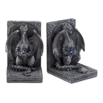 Braided Celtic detail surrounds the base of these legendary bookends, each with a sitting beast entranced by a midnight blue glass orb. The dragons are armored with battle-ready scales and spiked tails as they fearlessly support your treasured tomes. 