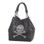 Carrying this cool black tote will add some rock-n-roll attitude to your outfit. The bag features a crystalline skull and cross bones on top of the black-on-black skull pattern, edged with stud detailing. 