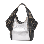 Black and silver leatherette is made even more dramatic lined by rows of polished gold studs. This oversized tote will be the star of your outfit! It features two front zippers with studded black leatherette pulls. 