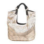 The sun-kissed metallic shine of this bag will make all your stylish dreams come true! You can fit all your essentials in this oversize tote, and with its studded design and shimmering leatherette construction, youll look like a superstar with this on your shoulder. 