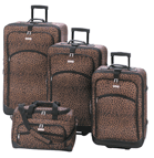 Whether it’s a trip around the world or a quick weekend get-away, this luggage set gets you there with style to spare! Fashionable wheeled luggage quartet shows its wild side in a luscious matching leopard print. Plenty of zippered pockets hold every essential for the savvy traveler. Set includes Large, Medium and Small wheeled bags; matching duffle bag.